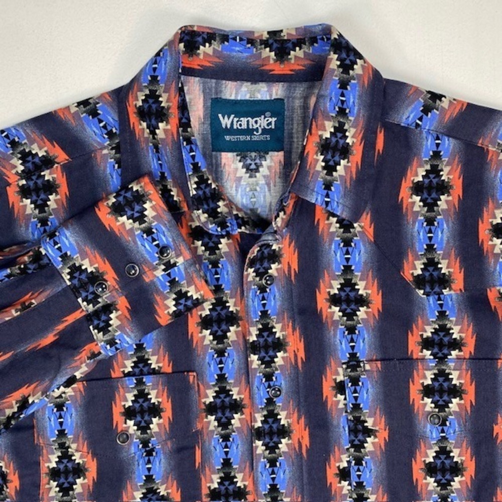 Wrangler Mens Checotah Vertical Aztec Print Blue Long Sleeve Cotton Shirt Medium